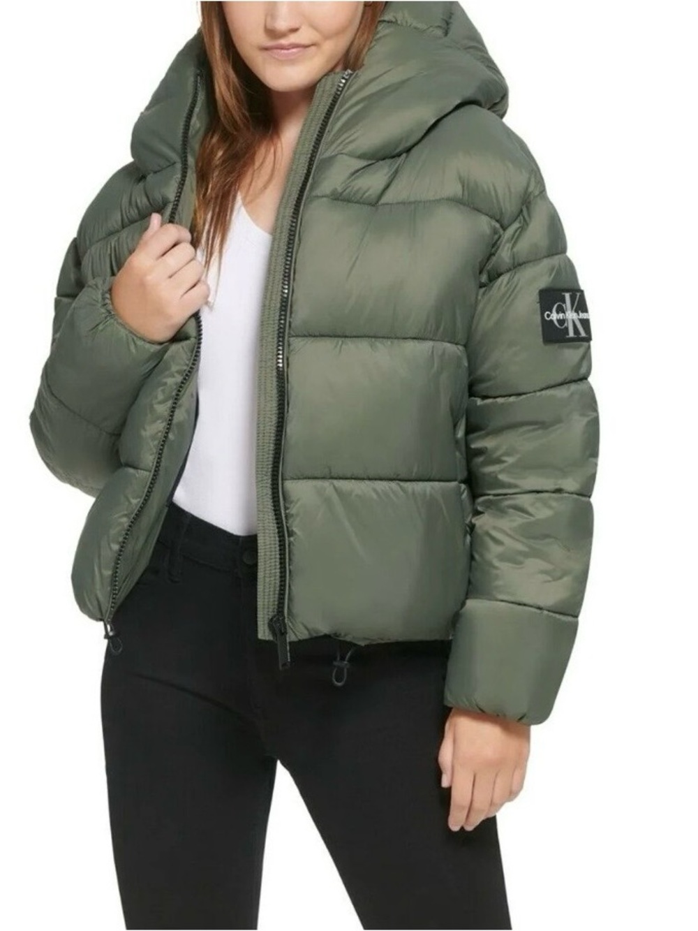 Calvin Klein Jeans Cropped Hooded Puffer Jacket - Olive Green - NWT